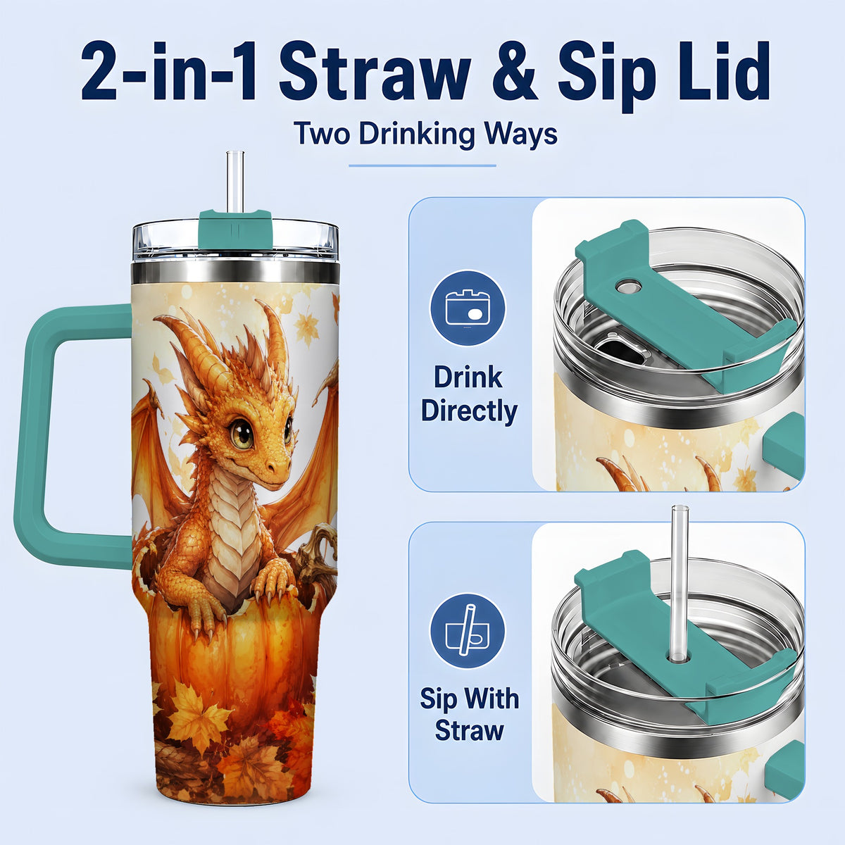#pl[40oz|Green] Autumn Dragon 40oz Tumbler, Pumpkin and Fall Leaves Watercolor Art