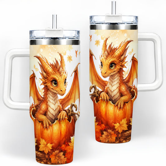 Autumn Dragon 40oz Tumbler, Pumpkin and Fall Leaves Watercolor Art