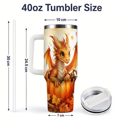 #pl[40oz|White] Autumn Dragon 40oz Tumbler, Pumpkin and Fall Leaves Watercolor Art