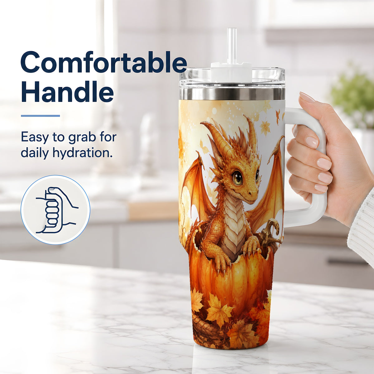 #pl[40oz|White] Autumn Dragon 40oz Tumbler, Pumpkin and Fall Leaves Watercolor Art