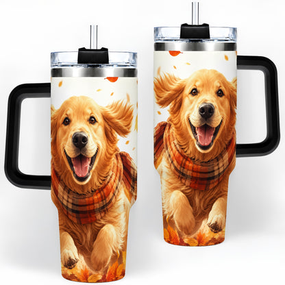 #pl[40oz|Black] Golden Retriever Fall 40oz Tumbler, Autumn Leaves Watercolor Artwork