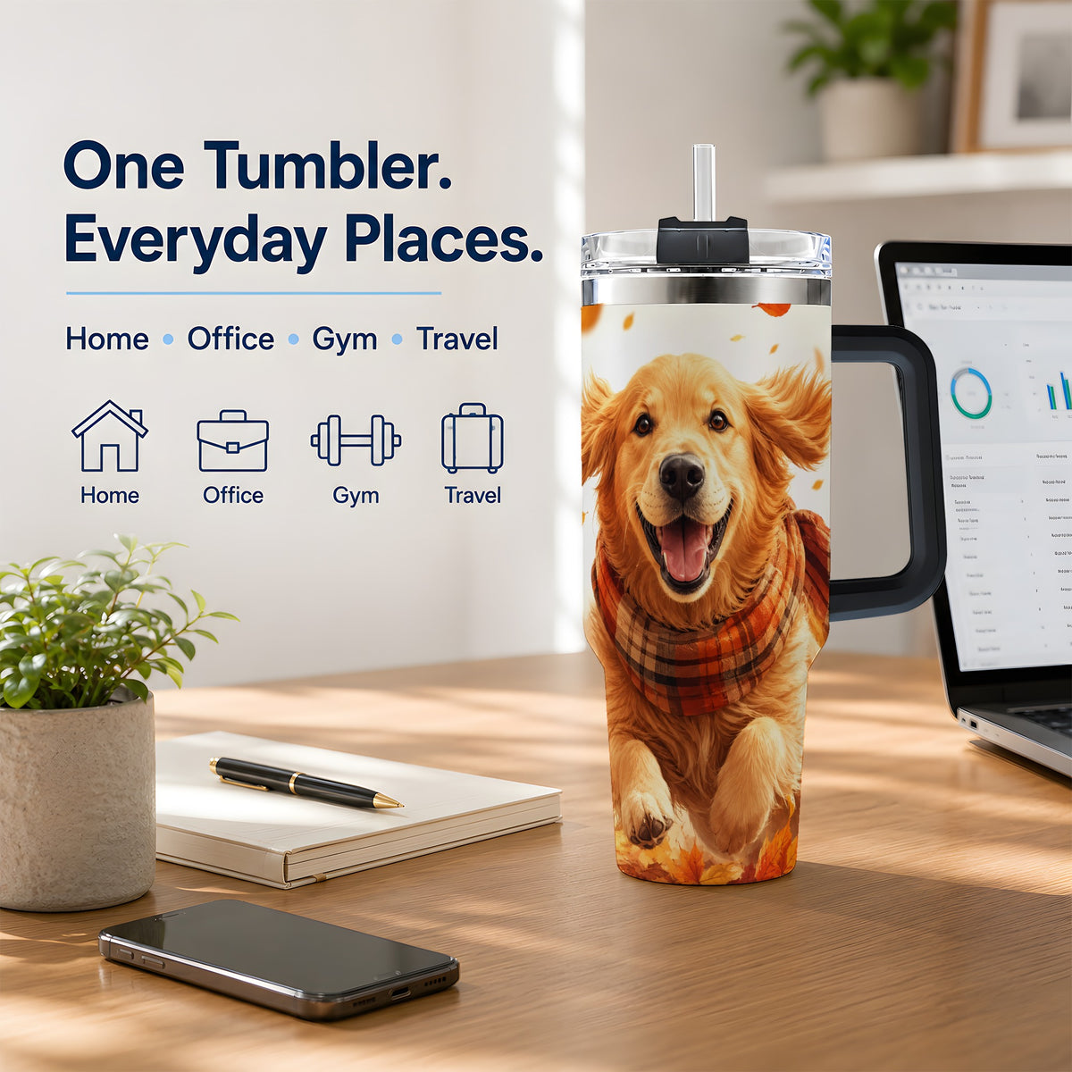#pl[40oz|Black] Golden Retriever Fall 40oz Tumbler, Autumn Leaves Watercolor Artwork