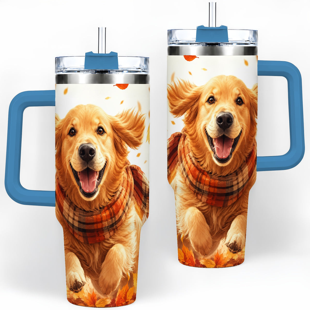 #pl[40oz|Blue] Golden Retriever Fall 40oz Tumbler, Autumn Leaves Watercolor Artwork