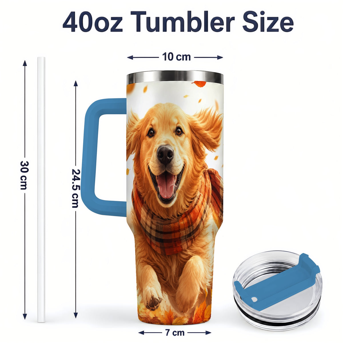 #pl[40oz|Blue] Golden Retriever Fall 40oz Tumbler, Autumn Leaves Watercolor Artwork