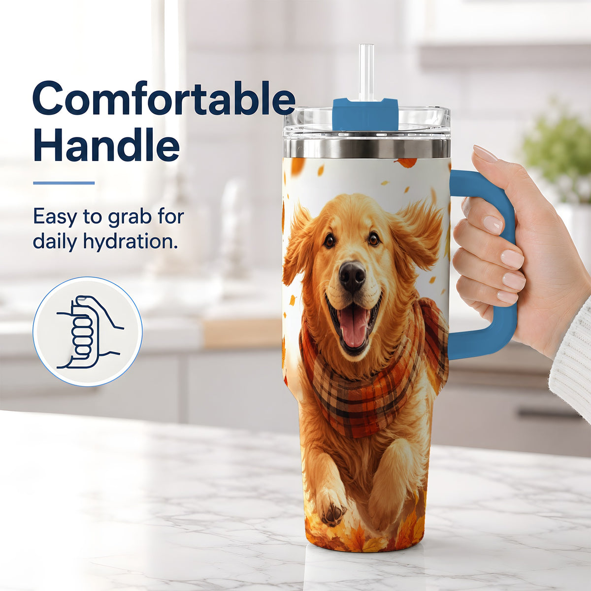 #pl[40oz|Blue] Golden Retriever Fall 40oz Tumbler, Autumn Leaves Watercolor Artwork