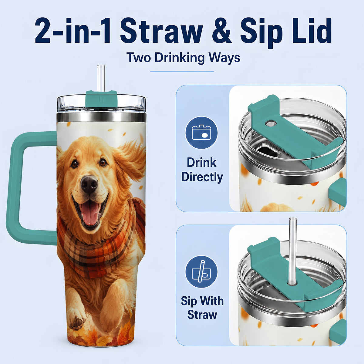 #pl[40oz|Green] Golden Retriever Fall 40oz Tumbler, Autumn Leaves Watercolor Artwork