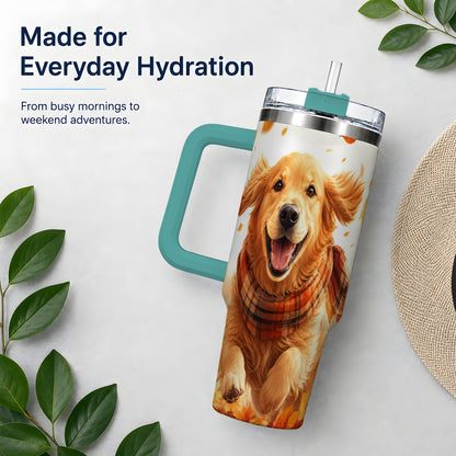 #pl[40oz|Green] Golden Retriever Fall 40oz Tumbler, Autumn Leaves Watercolor Artwork
