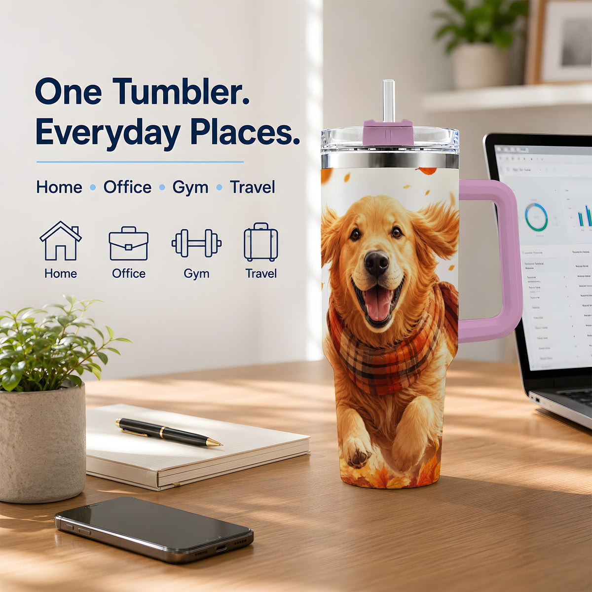 #pl[40oz|Pink] Golden Retriever Fall 40oz Tumbler, Autumn Leaves Watercolor Artwork