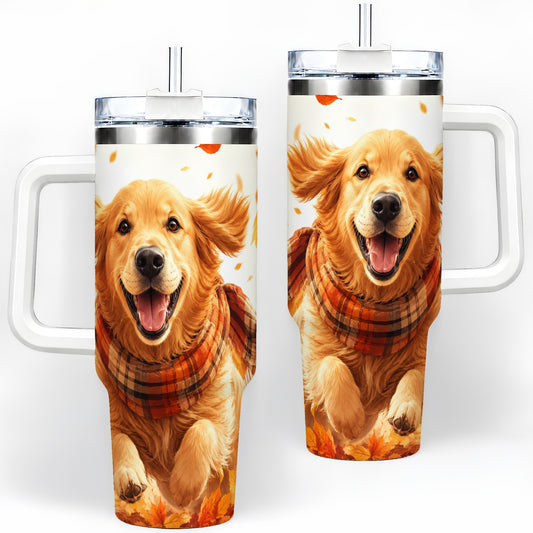 Golden Retriever Fall 40oz Tumbler, Autumn Leaves Watercolor Artwork