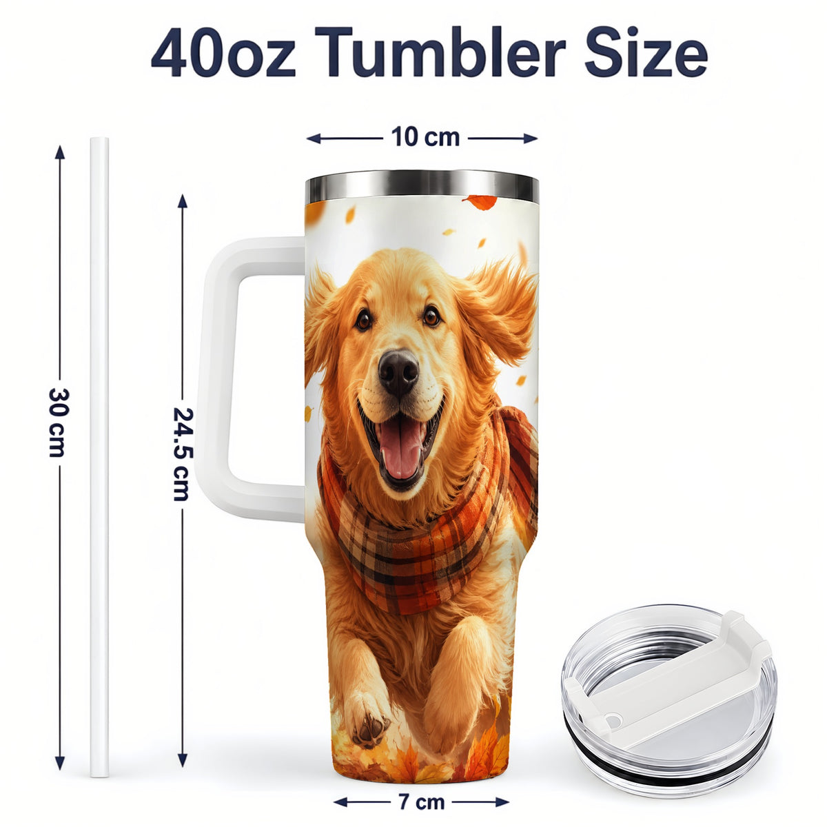 #pl[40oz|White] Golden Retriever Fall 40oz Tumbler, Autumn Leaves Watercolor Artwork
