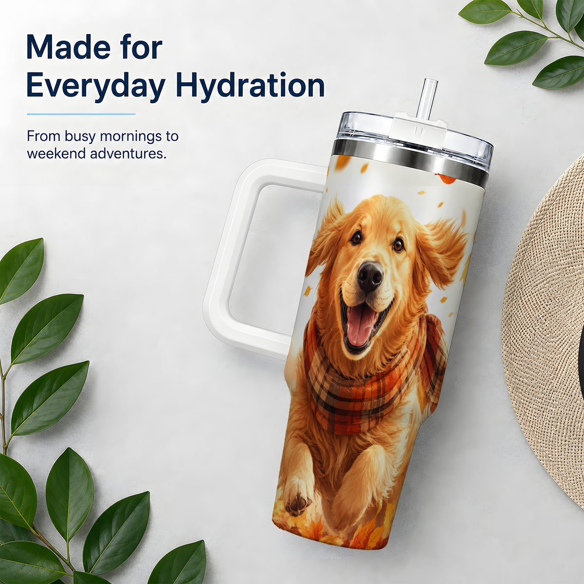 #pl[40oz|White] Golden Retriever Fall 40oz Tumbler, Autumn Leaves Watercolor Artwork