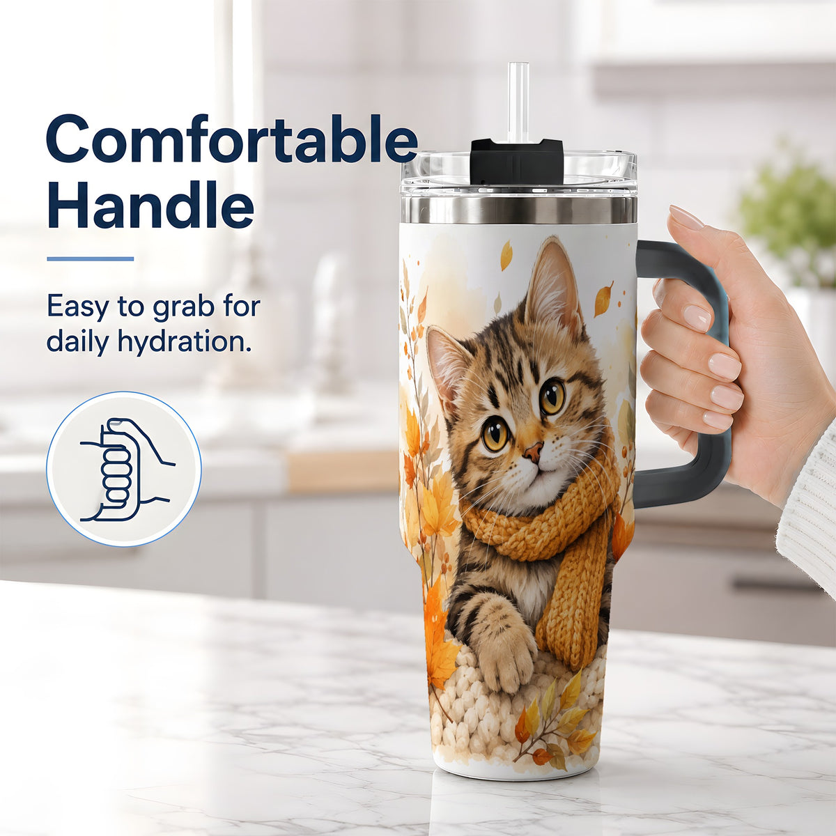 #pl[40oz|Black] Autumn Tabby Cat 40oz Tumbler, Cozy Scarf and Fall Leaves Artwork