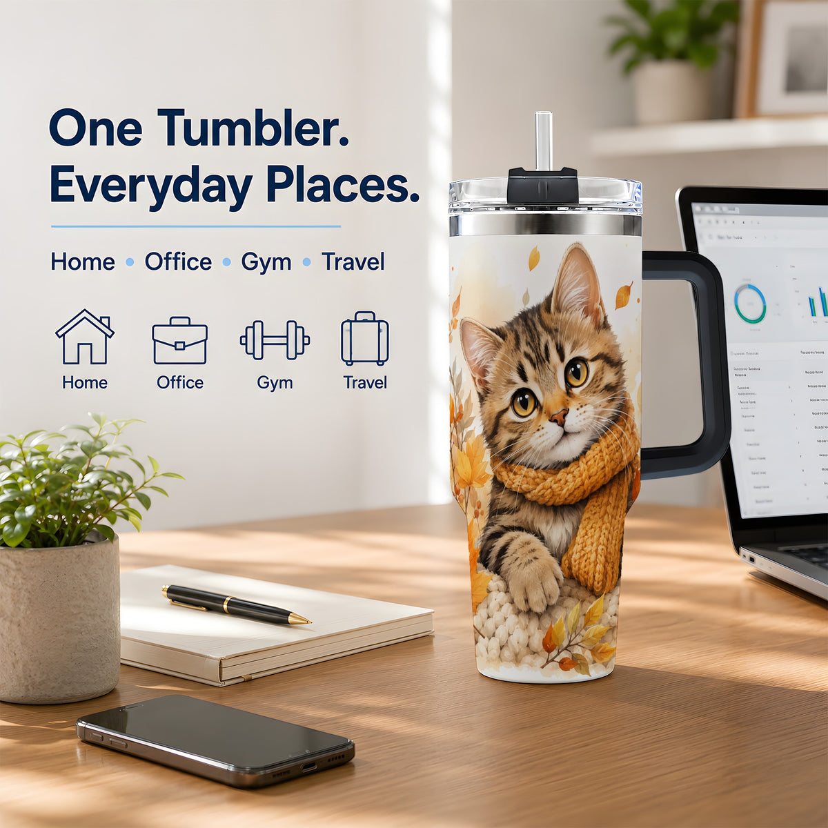 #pl[40oz|Black] Autumn Tabby Cat 40oz Tumbler, Cozy Scarf and Fall Leaves Artwork
