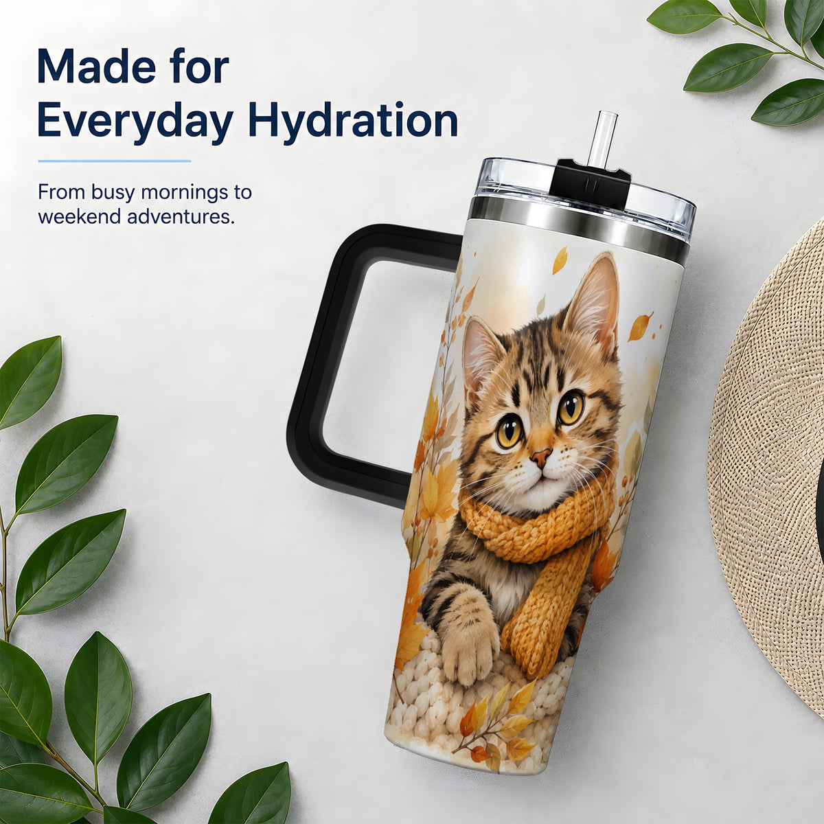 #pl[40oz|Black] Autumn Tabby Cat 40oz Tumbler, Cozy Scarf and Fall Leaves Artwork