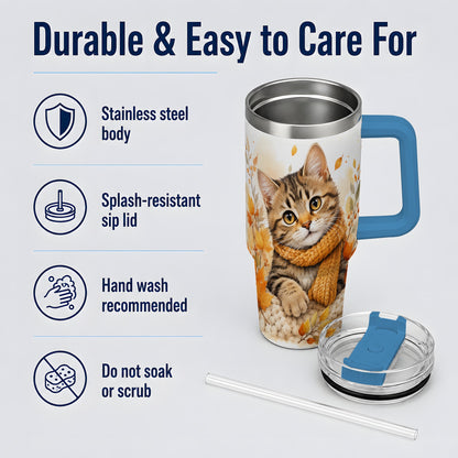 #pl[40oz|Blue] Autumn Tabby Cat 40oz Tumbler, Cozy Scarf and Fall Leaves Artwork