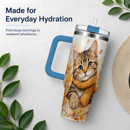 #pl[40oz|Blue] Autumn Tabby Cat 40oz Tumbler, Cozy Scarf and Fall Leaves Artwork