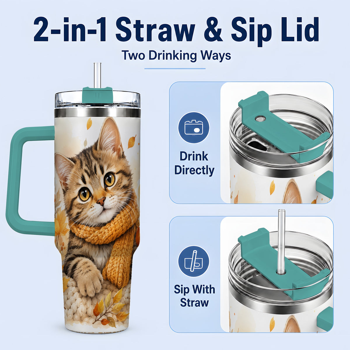 #pl[40oz|Green] Autumn Tabby Cat 40oz Tumbler, Cozy Scarf and Fall Leaves Artwork