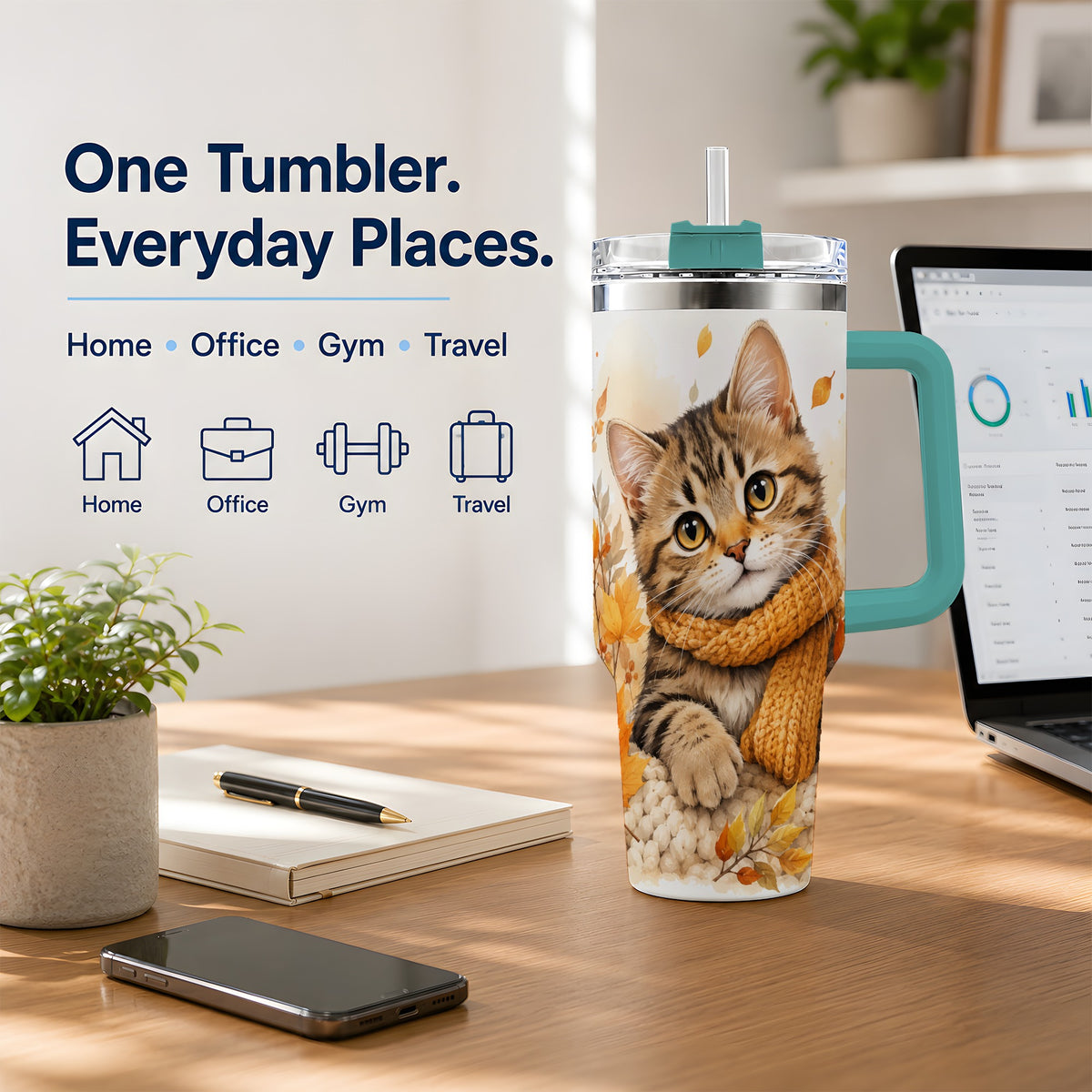 #pl[40oz|Green] Autumn Tabby Cat 40oz Tumbler, Cozy Scarf and Fall Leaves Artwork