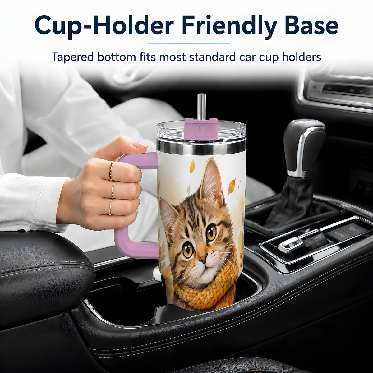 #pl[40oz|Pink] Autumn Tabby Cat 40oz Tumbler, Cozy Scarf and Fall Leaves Artwork