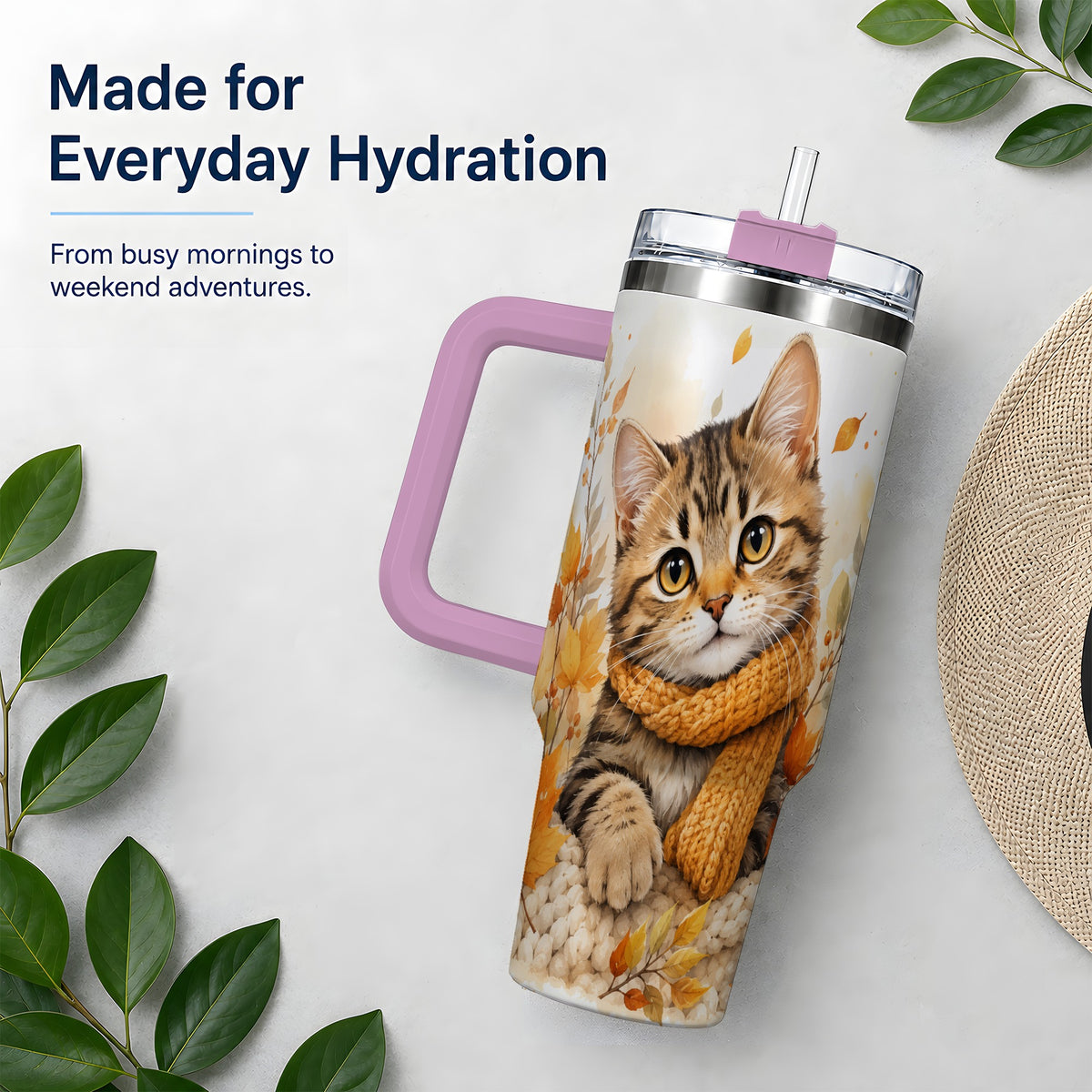 #pl[40oz|Pink] Autumn Tabby Cat 40oz Tumbler, Cozy Scarf and Fall Leaves Artwork