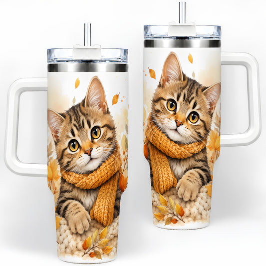 Autumn Tabby Cat 40oz Tumbler, Cozy Scarf and Fall Leaves Artwork