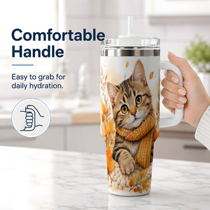#pl[40oz|White] Autumn Tabby Cat 40oz Tumbler, Cozy Scarf and Fall Leaves Artwork