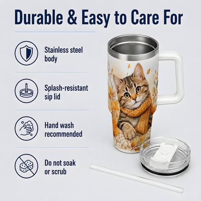 #pl[40oz|White] Autumn Tabby Cat 40oz Tumbler, Cozy Scarf and Fall Leaves Artwork