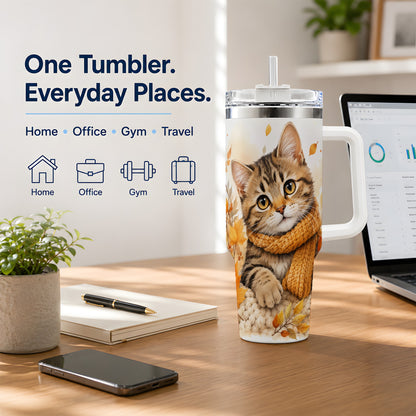 #pl[40oz|White] Autumn Tabby Cat 40oz Tumbler, Cozy Scarf and Fall Leaves Artwork