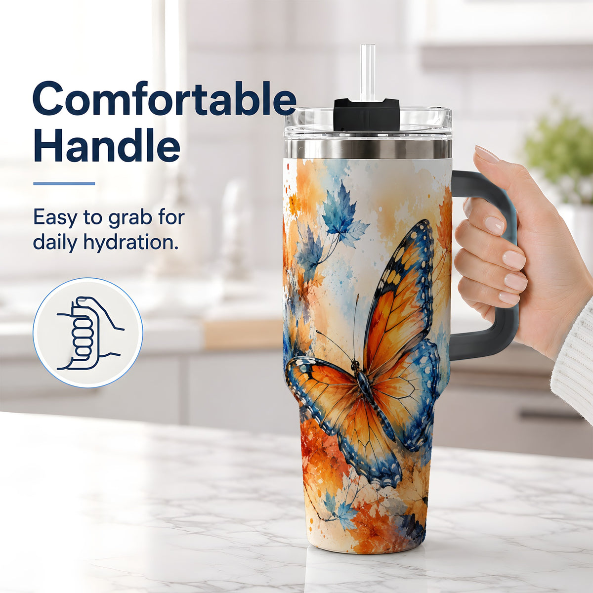 #pl[40oz|Black] Autumn Butterfly 40oz Tumbler, Orange Blue Fall Leaves Watercolor Art