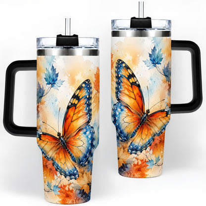 #pl[40oz|Black] Autumn Butterfly 40oz Tumbler, Orange Blue Fall Leaves Watercolor Art