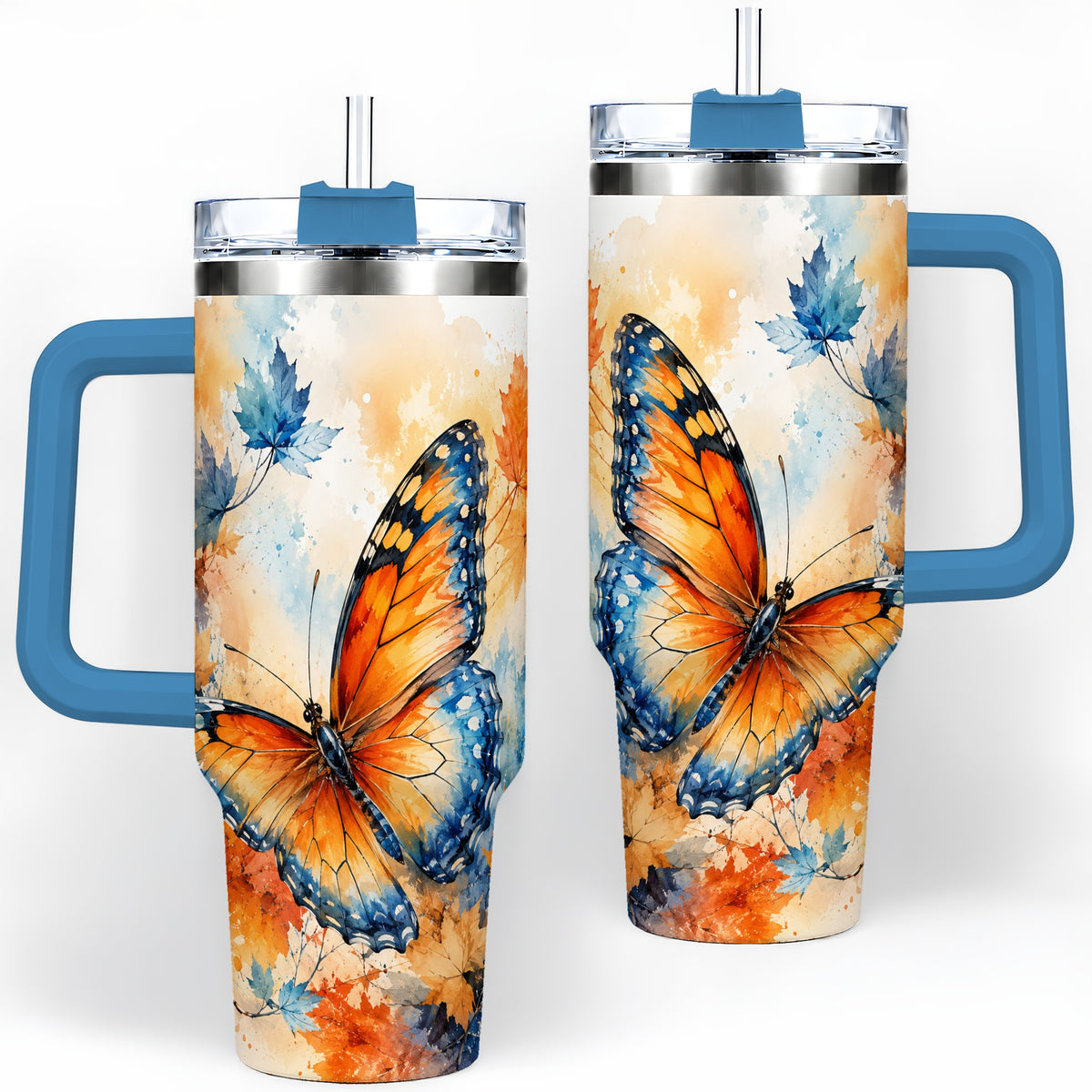 #pl[40oz|Blue] Autumn Butterfly 40oz Tumbler, Orange Blue Fall Leaves Watercolor Art