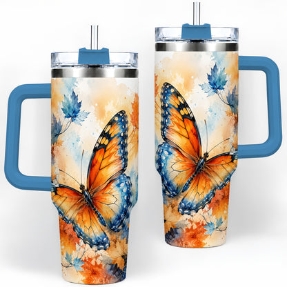 #pl[40oz|Blue] Autumn Butterfly 40oz Tumbler, Orange Blue Fall Leaves Watercolor Art