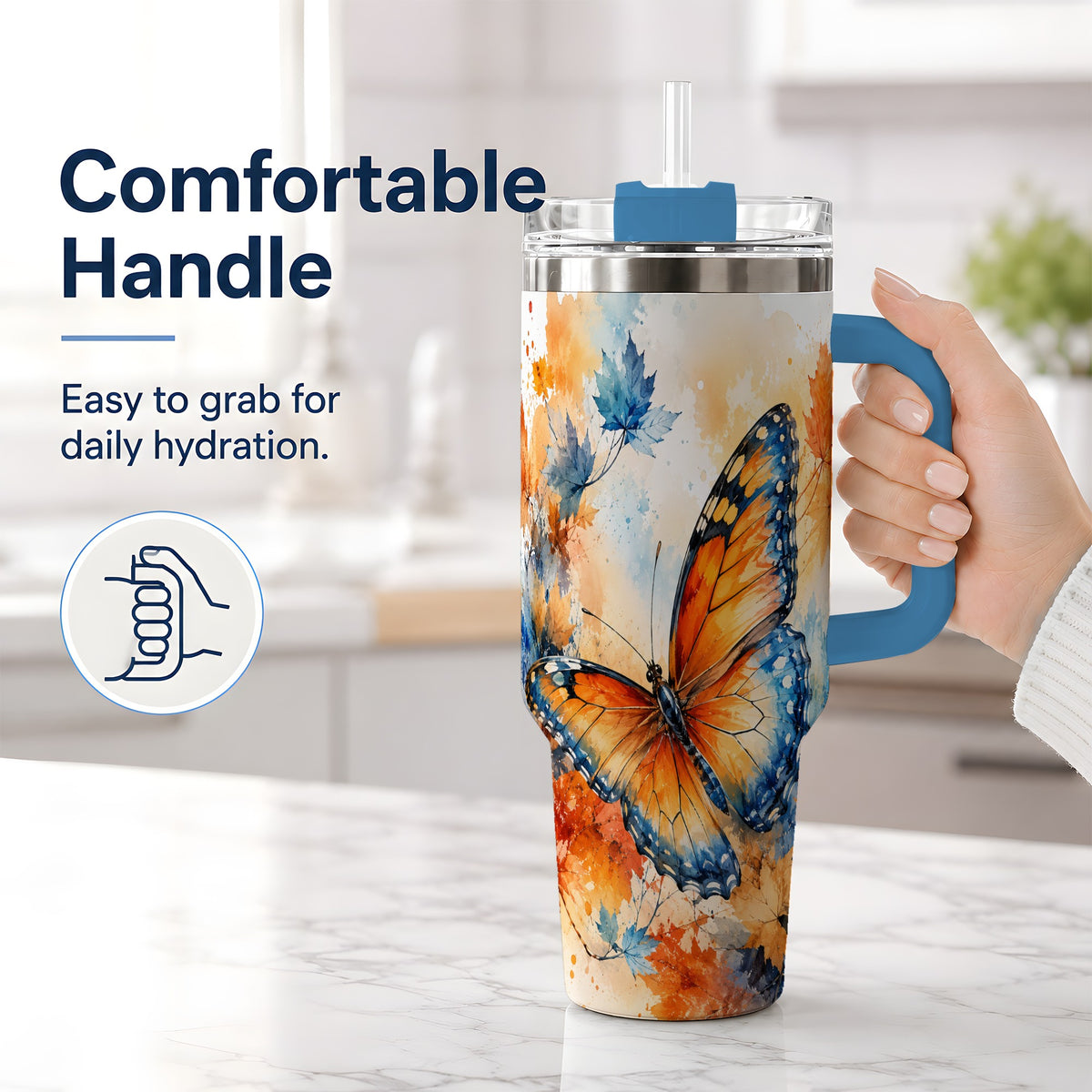 #pl[40oz|Blue] Autumn Butterfly 40oz Tumbler, Orange Blue Fall Leaves Watercolor Art