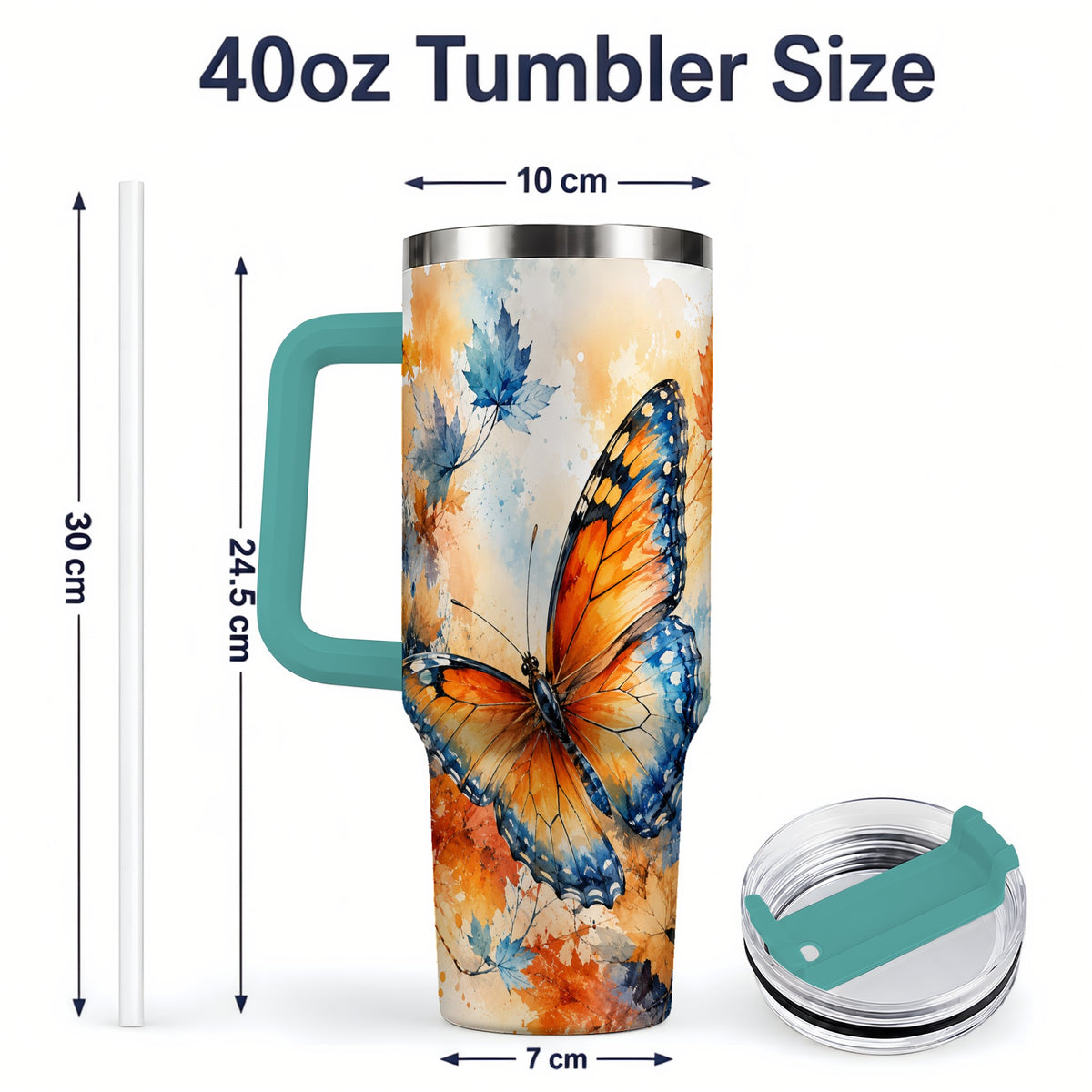 #pl[40oz|Green] Autumn Butterfly 40oz Tumbler, Orange Blue Fall Leaves Watercolor Art