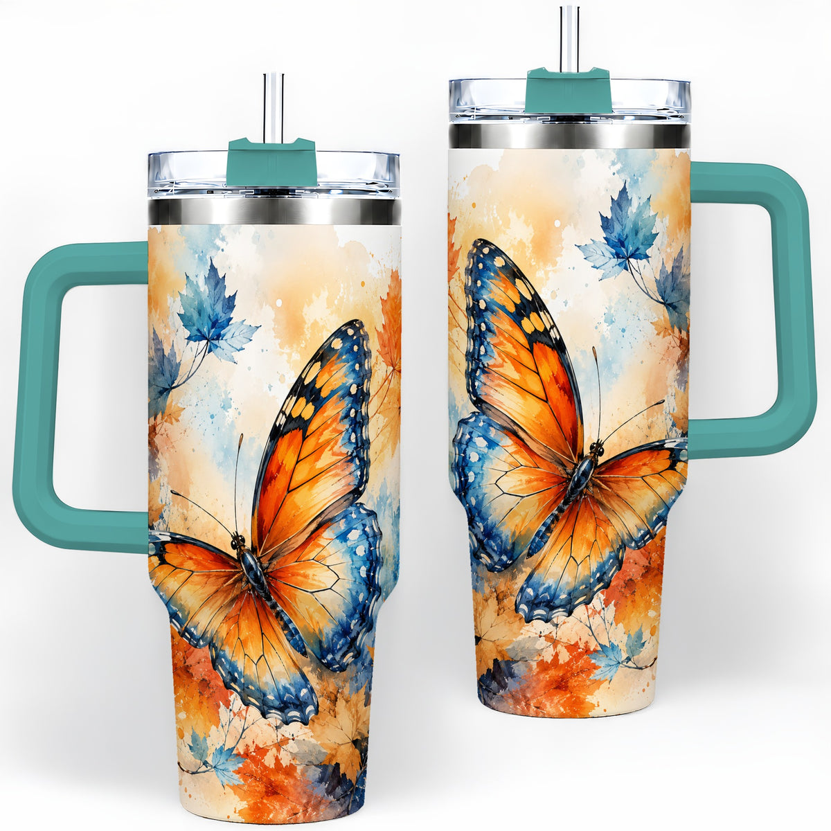 #pl[40oz|Green] Autumn Butterfly 40oz Tumbler, Orange Blue Fall Leaves Watercolor Art