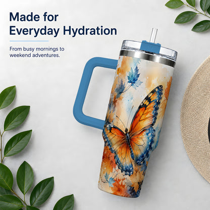 #pl[40oz|Blue] Autumn Butterfly 40oz Tumbler, Orange Blue Fall Leaves Watercolor Art