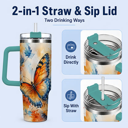 #pl[40oz|Green] Autumn Butterfly 40oz Tumbler, Orange Blue Fall Leaves Watercolor Art