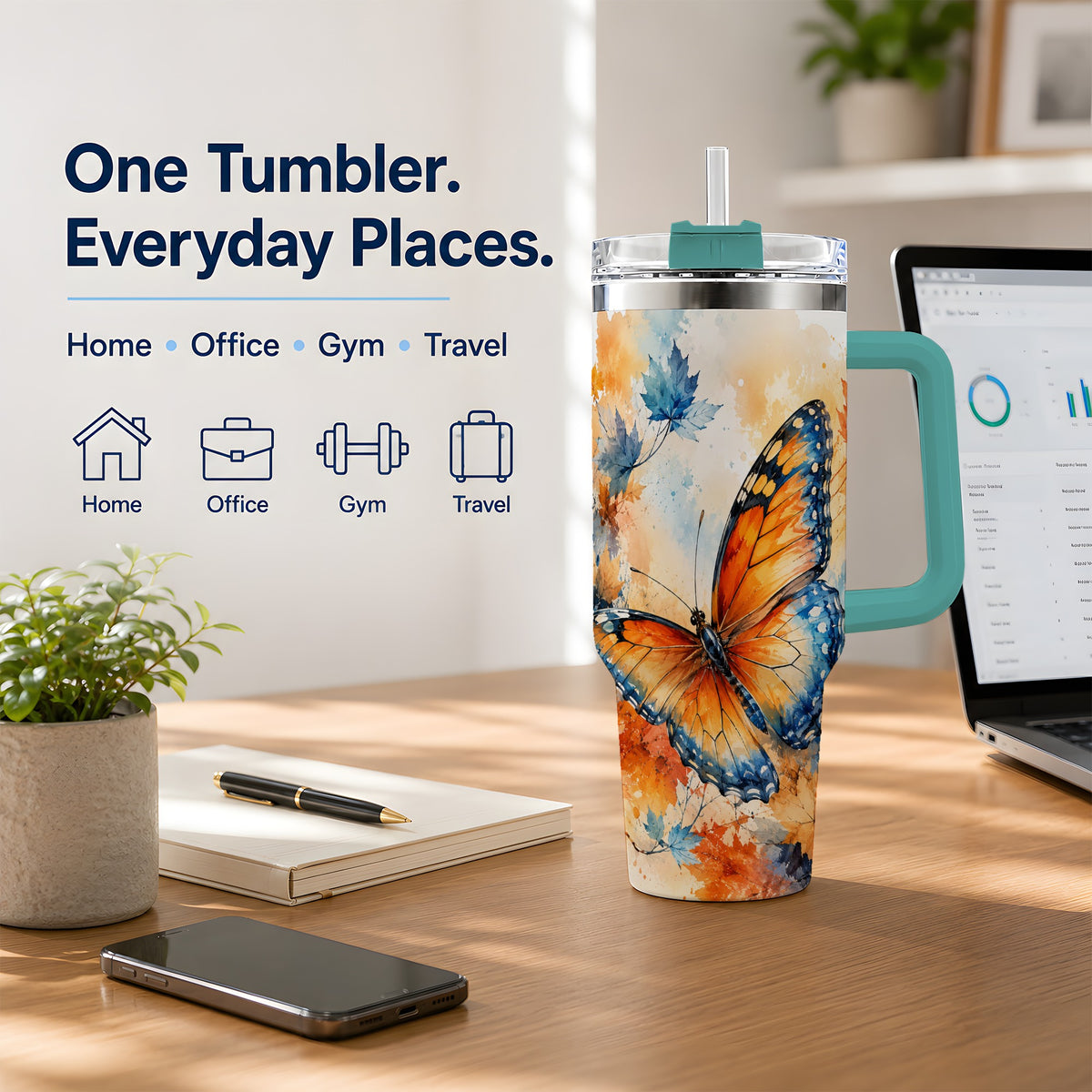 #pl[40oz|Green] Autumn Butterfly 40oz Tumbler, Orange Blue Fall Leaves Watercolor Art