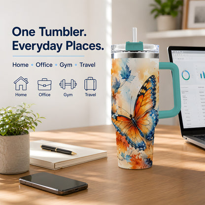 #pl[40oz|Green] Autumn Butterfly 40oz Tumbler, Orange Blue Fall Leaves Watercolor Art