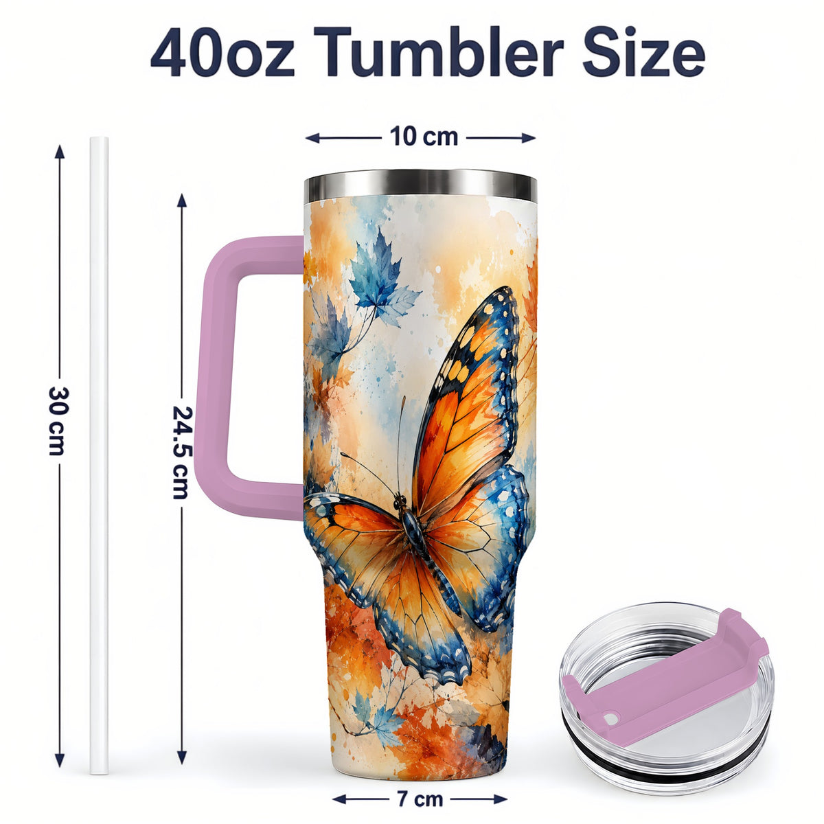 #pl[40oz|Pink] Autumn Butterfly 40oz Tumbler, Orange Blue Fall Leaves Watercolor Art