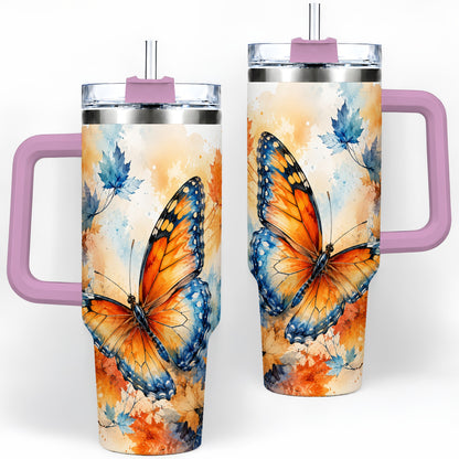 #pl[40oz|Pink] Autumn Butterfly 40oz Tumbler, Orange Blue Fall Leaves Watercolor Art