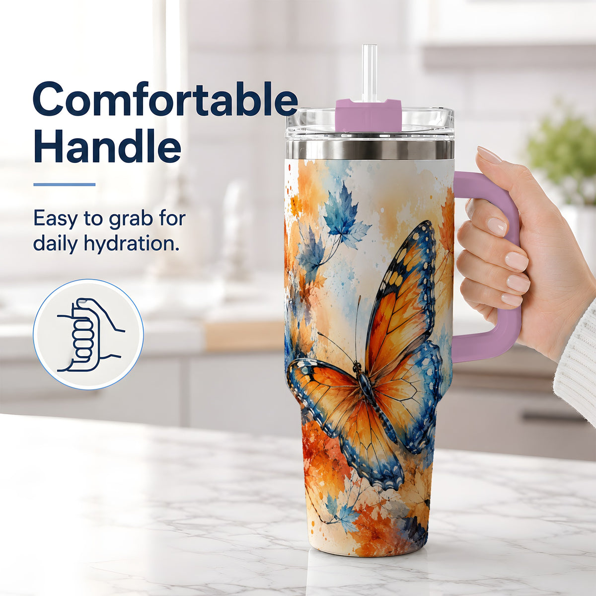 #pl[40oz|Pink] Autumn Butterfly 40oz Tumbler, Orange Blue Fall Leaves Watercolor Art