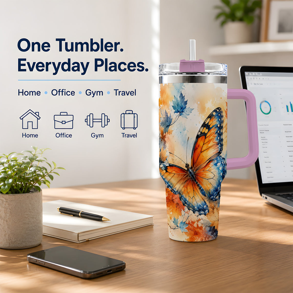 #pl[40oz|Pink] Autumn Butterfly 40oz Tumbler, Orange Blue Fall Leaves Watercolor Art