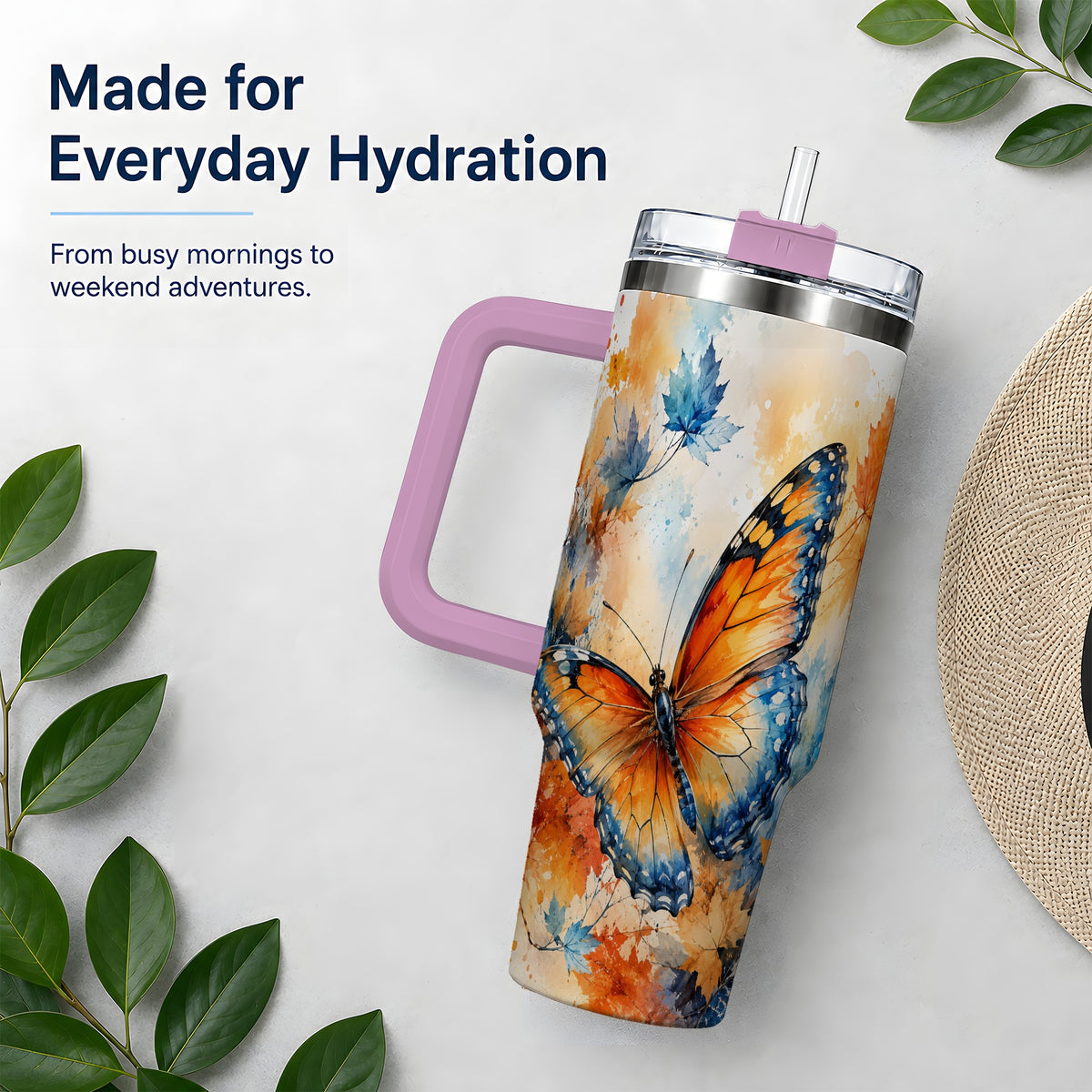 #pl[40oz|Pink] Autumn Butterfly 40oz Tumbler, Orange Blue Fall Leaves Watercolor Art