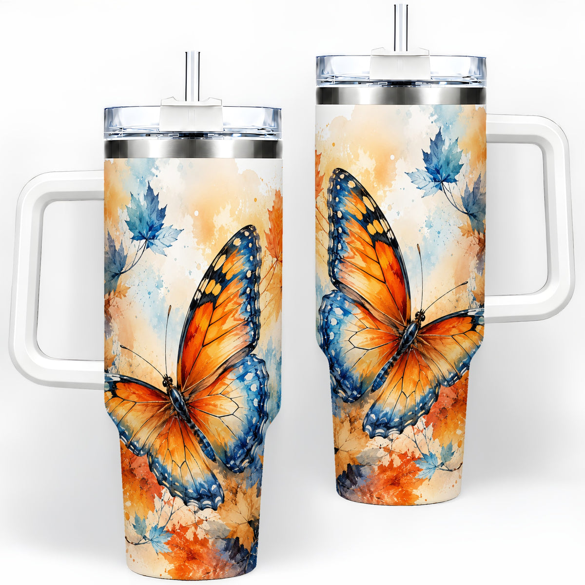 Autumn Butterfly 40oz Tumbler, Orange Blue Fall Leaves Watercolor Art