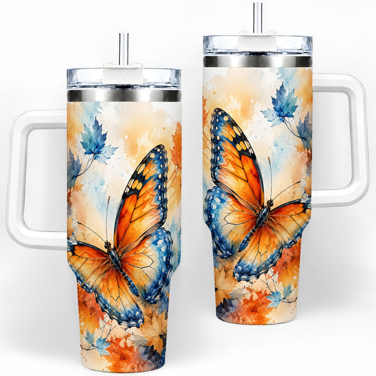 Autumn Butterfly 40oz Tumbler, Orange Blue Fall Leaves Watercolor Art