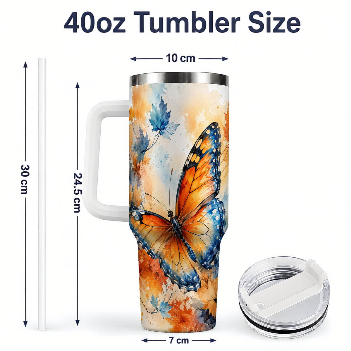 #pl[40oz|White] Autumn Butterfly 40oz Tumbler, Orange Blue Fall Leaves Watercolor Art