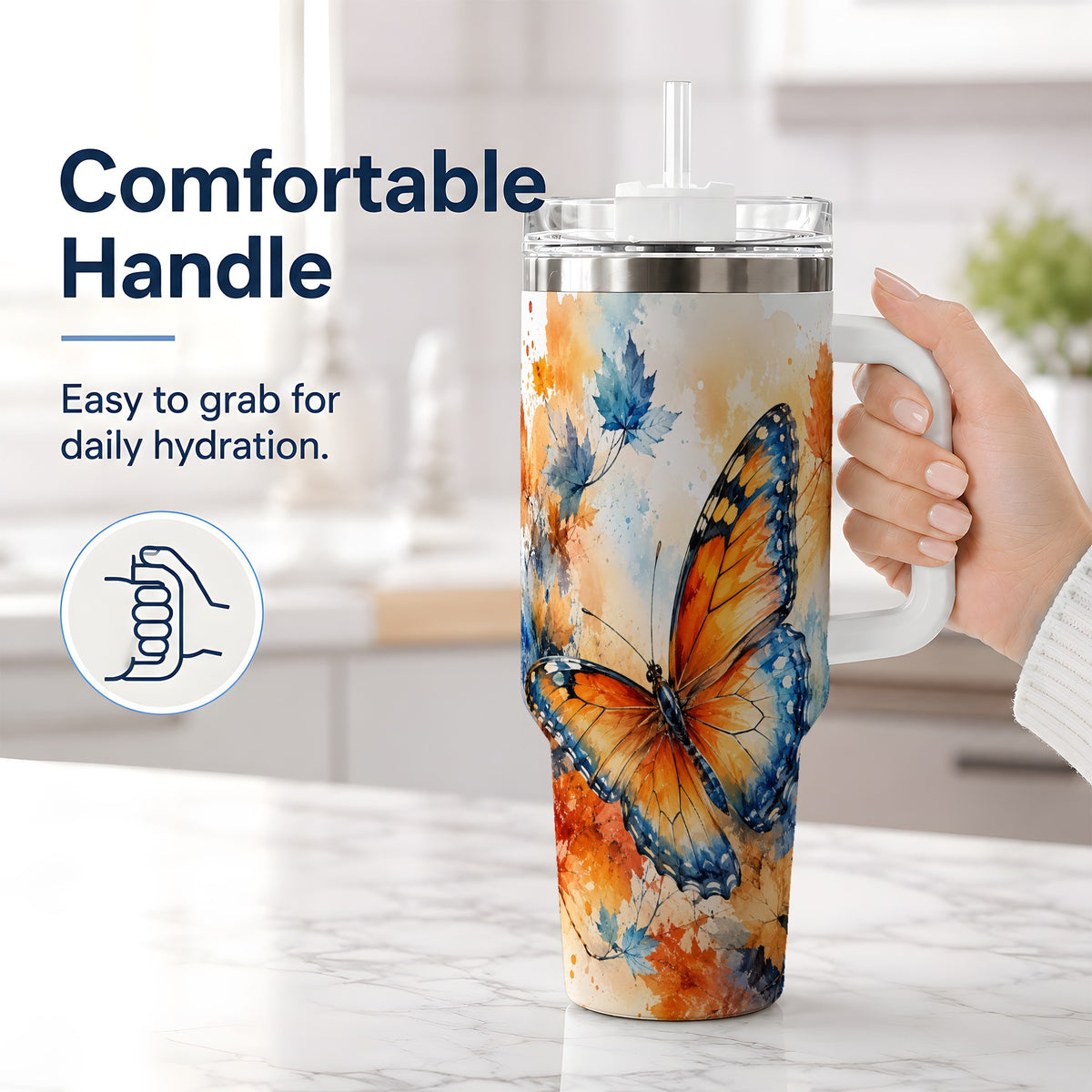 #pl[40oz|White] Autumn Butterfly 40oz Tumbler, Orange Blue Fall Leaves Watercolor Art