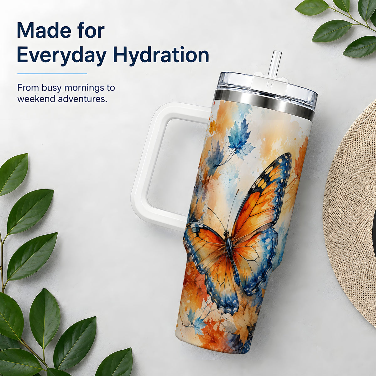 #pl[40oz|White] Autumn Butterfly 40oz Tumbler, Orange Blue Fall Leaves Watercolor Art