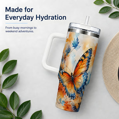 #pl[40oz|White] Autumn Butterfly 40oz Tumbler, Orange Blue Fall Leaves Watercolor Art